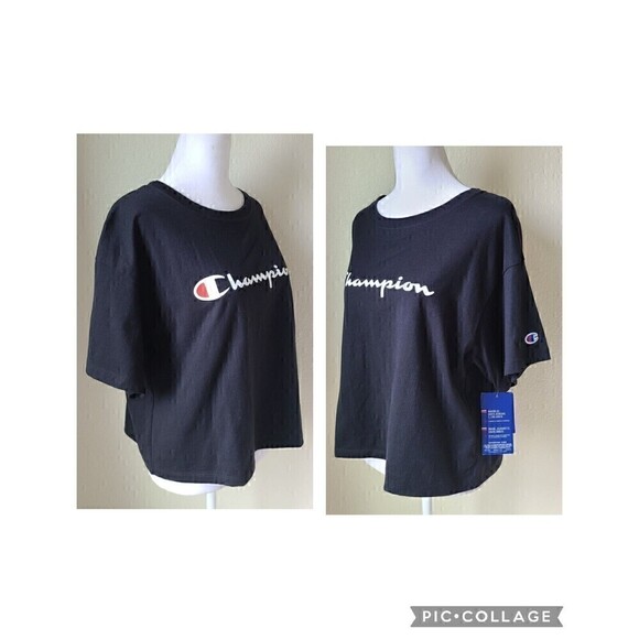 Champion Women Embroidered T-Shirt Tee Shirt Medium New NWT Black Cropped - Picture 3 of 10